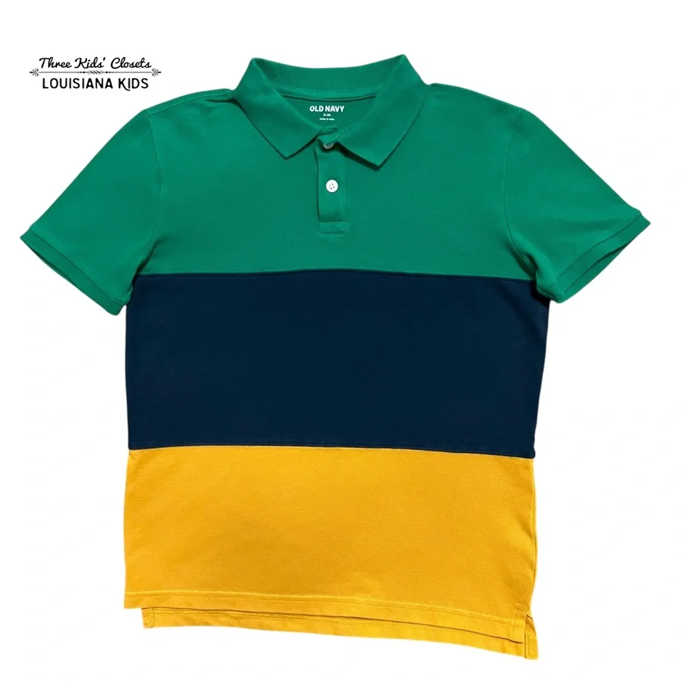 Old Navy M (8) Boys Green Navy & Yellow Color Block Polo Shirt